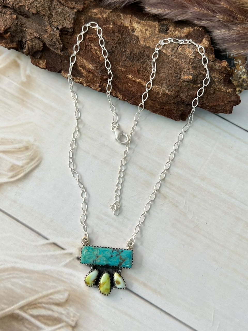 Handmade Sterling Silver Palomino with Kingman Turquoise Necklace Signed Nizhoni