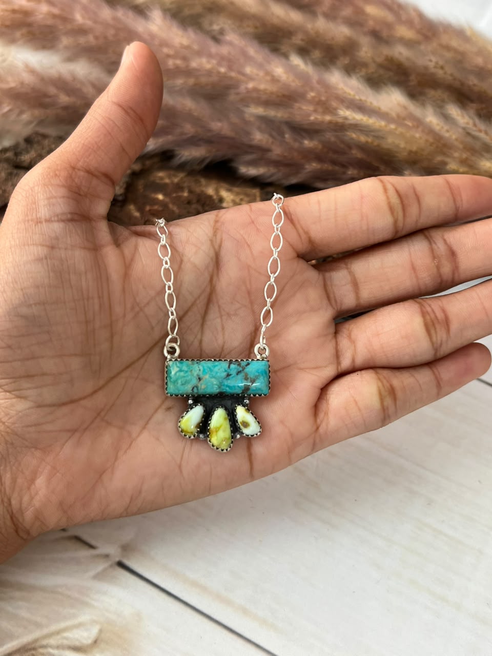 Handmade Sterling Silver Palomino with Kingman Turquoise Necklace Signed Nizhoni