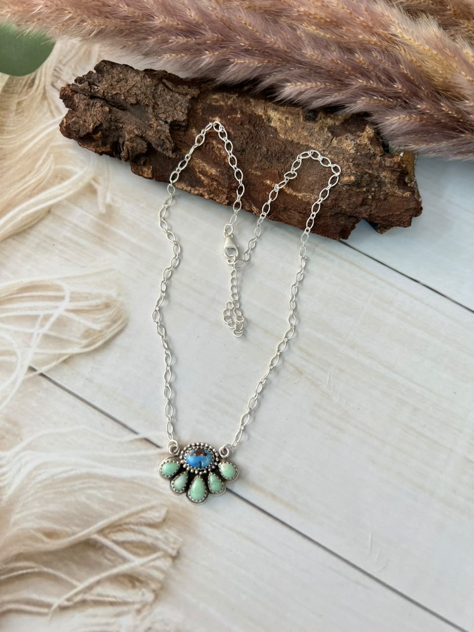 Handmade Sterling Silver Paloma with Golden Hills Turquoise Necklace Signed Nizhoni