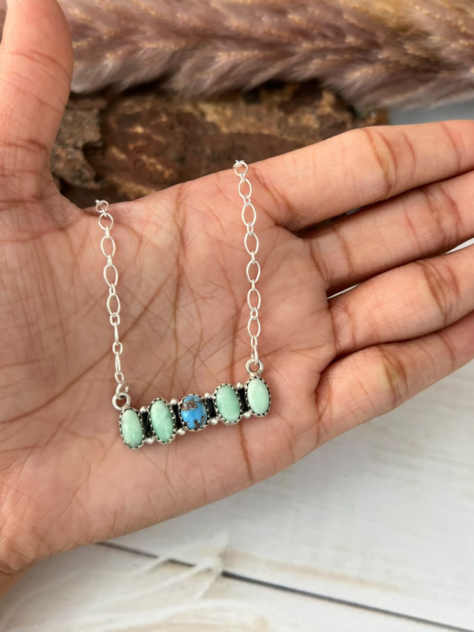 Handmade Sterling Silver Paloma with Golden Hills Turquoise Necklace Signed Nizhoni