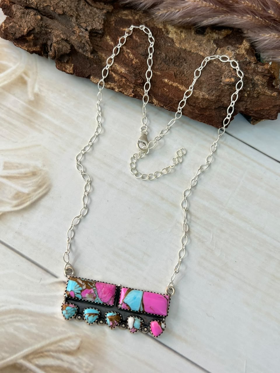 Handmade Sterling Silver Cotton Candy Necklace Signed Nizhoni