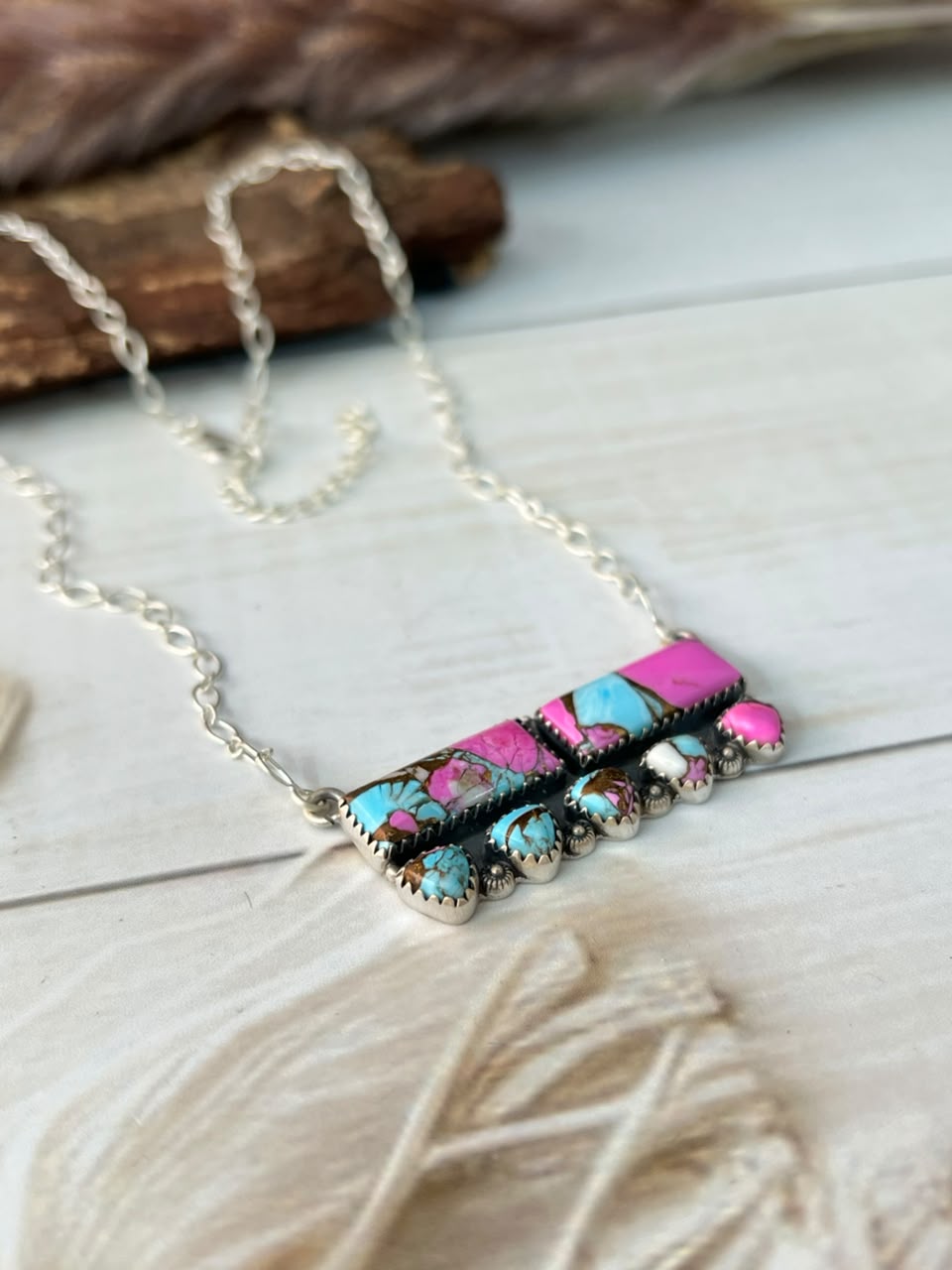 Handmade Sterling Silver Cotton Candy Necklace Signed Nizhoni