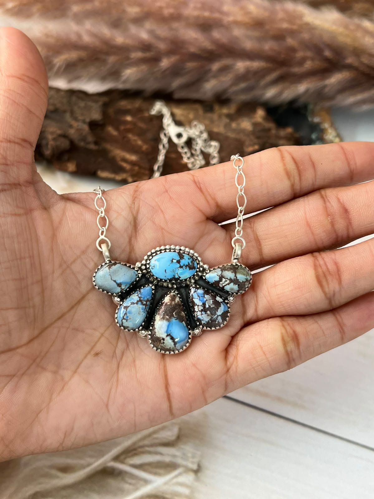 Handmade Sterling Silver Golden Hills Turquoise Necklace Signed Nizhoni