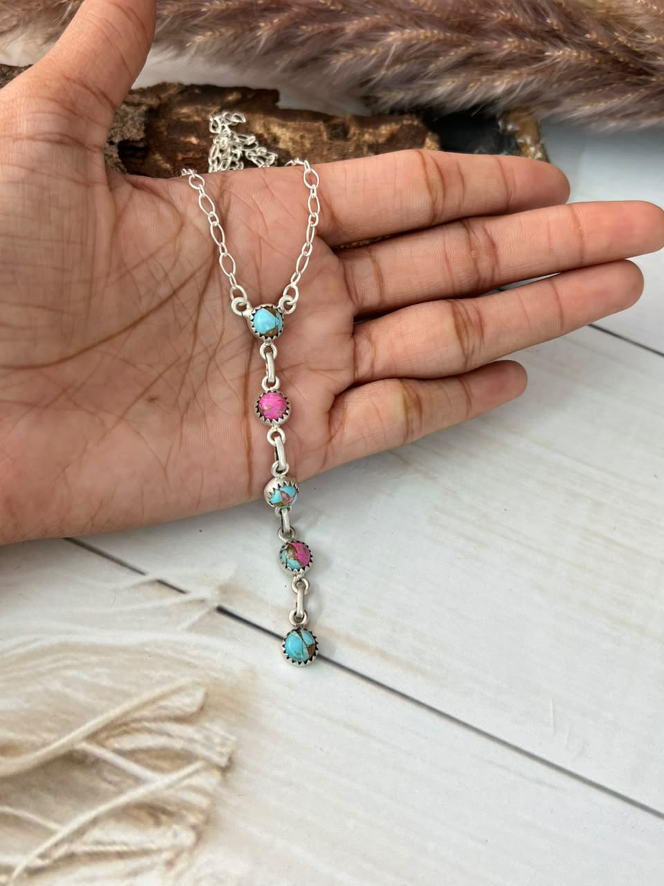 Handmade Sterling Silver Cotton Candy Drop Necklace Signed Nizhoni (6)