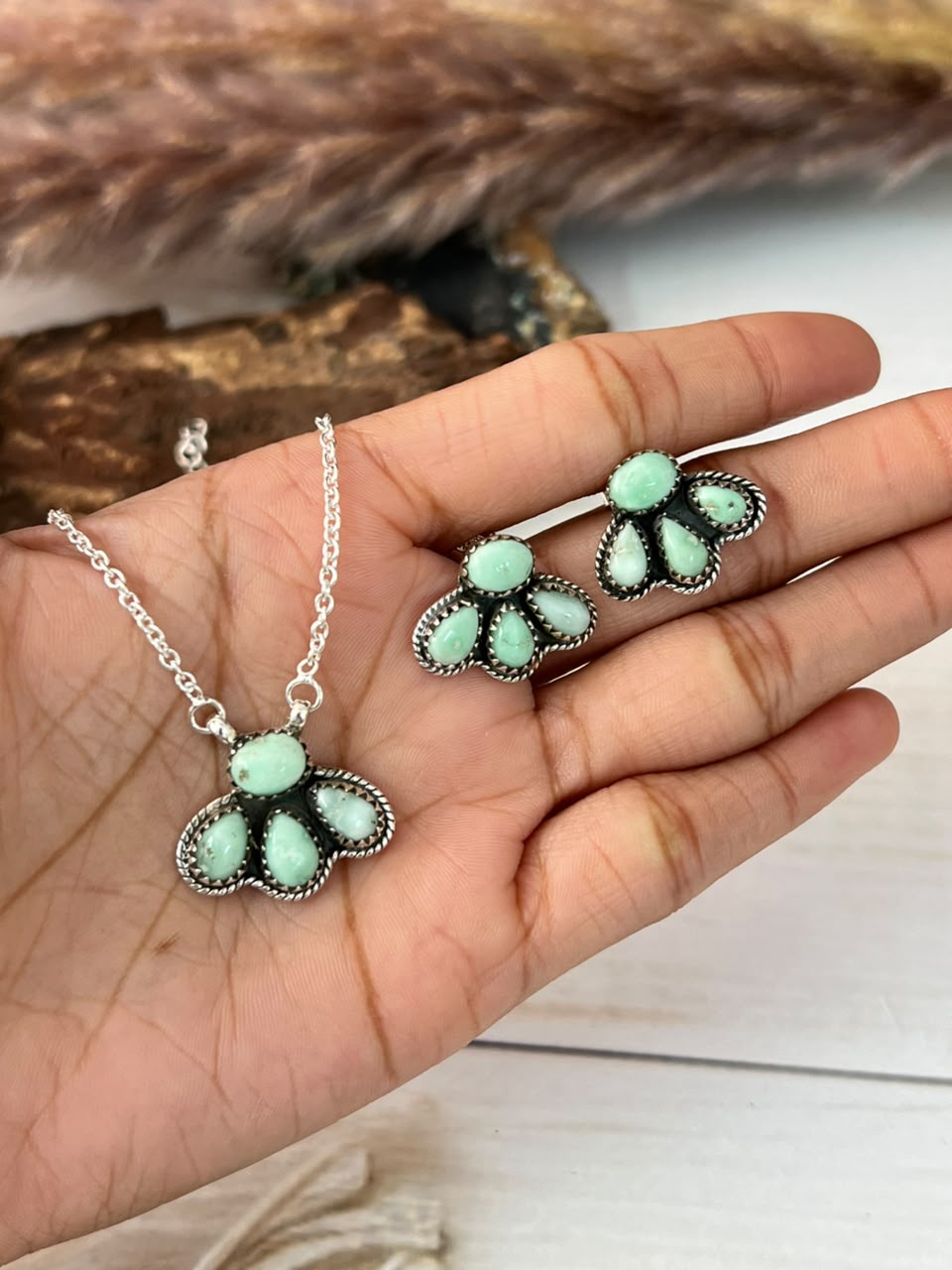 Handmade Sterling Silver Paloma Turquoise Necklace and Earrings Set Signed Nizhoni