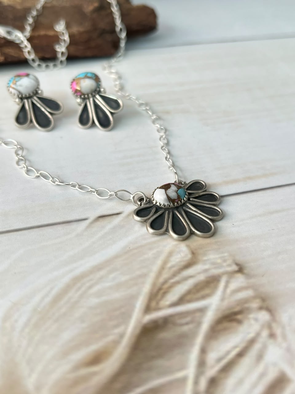 Handmade Sterling Silver Cotton Candy Necklace and Earrings Set Signed Nizhoni