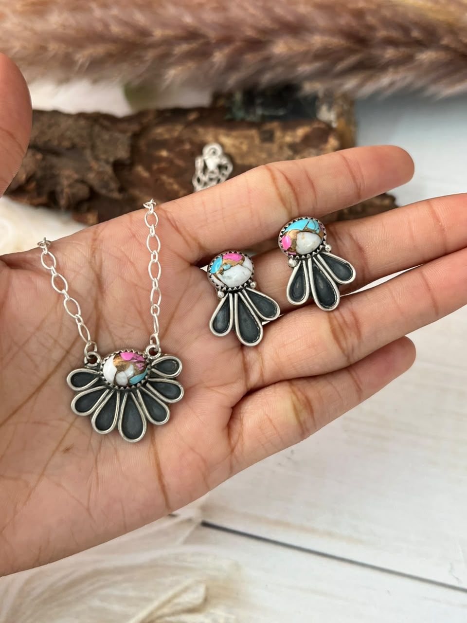 Handmade Sterling Silver Cotton Candy Necklace and Earrings Set Signed Nizhoni