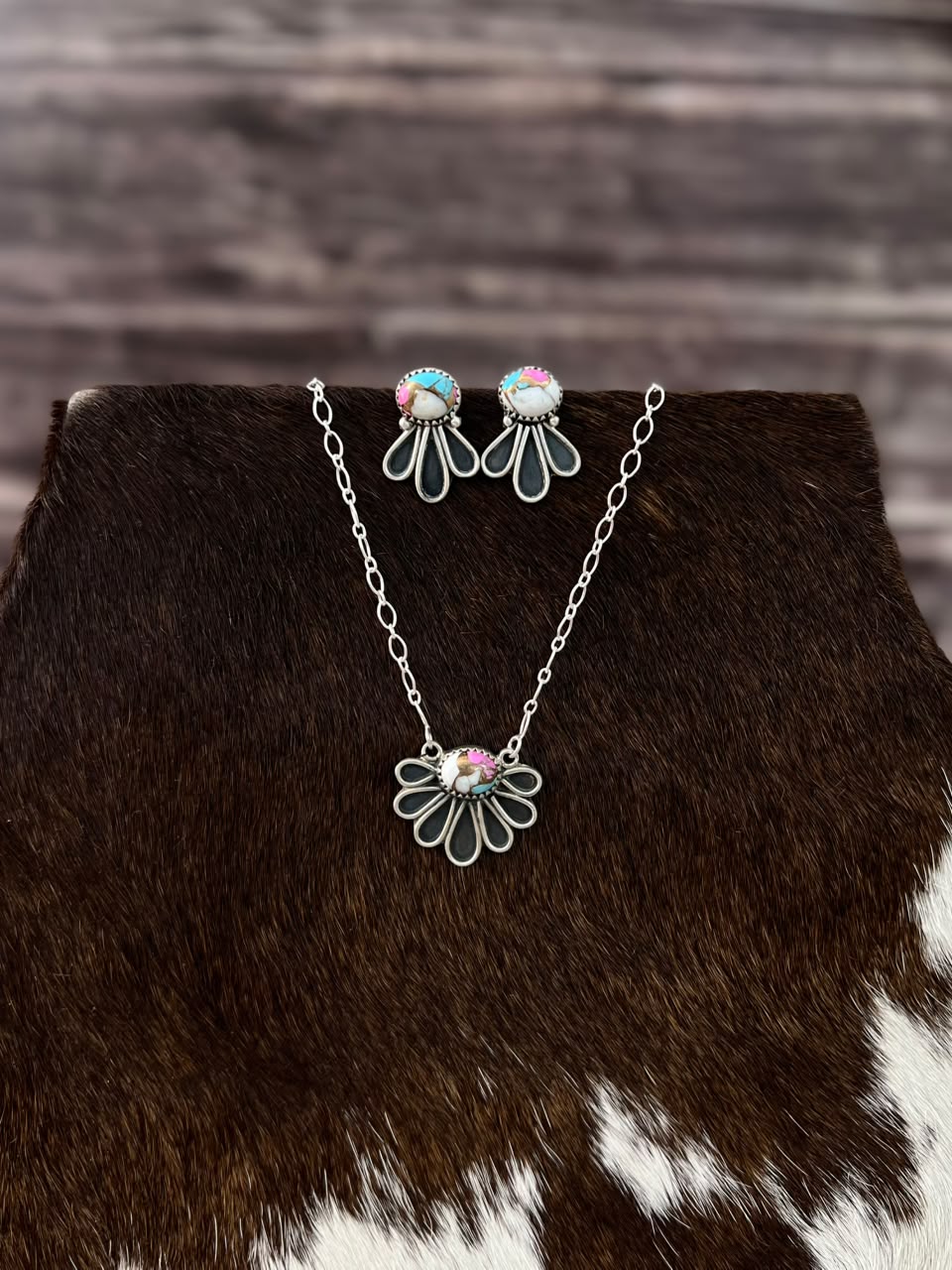 Handmade Sterling Silver Cotton Candy Necklace and Earrings Set Signed Nizhoni