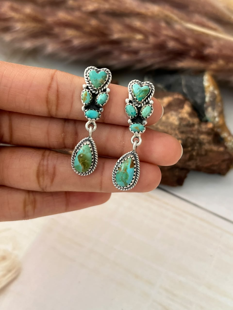 Handmade Sterling Silver Kingman Turquoise Post Dangle Earrings Signed Nizhoni