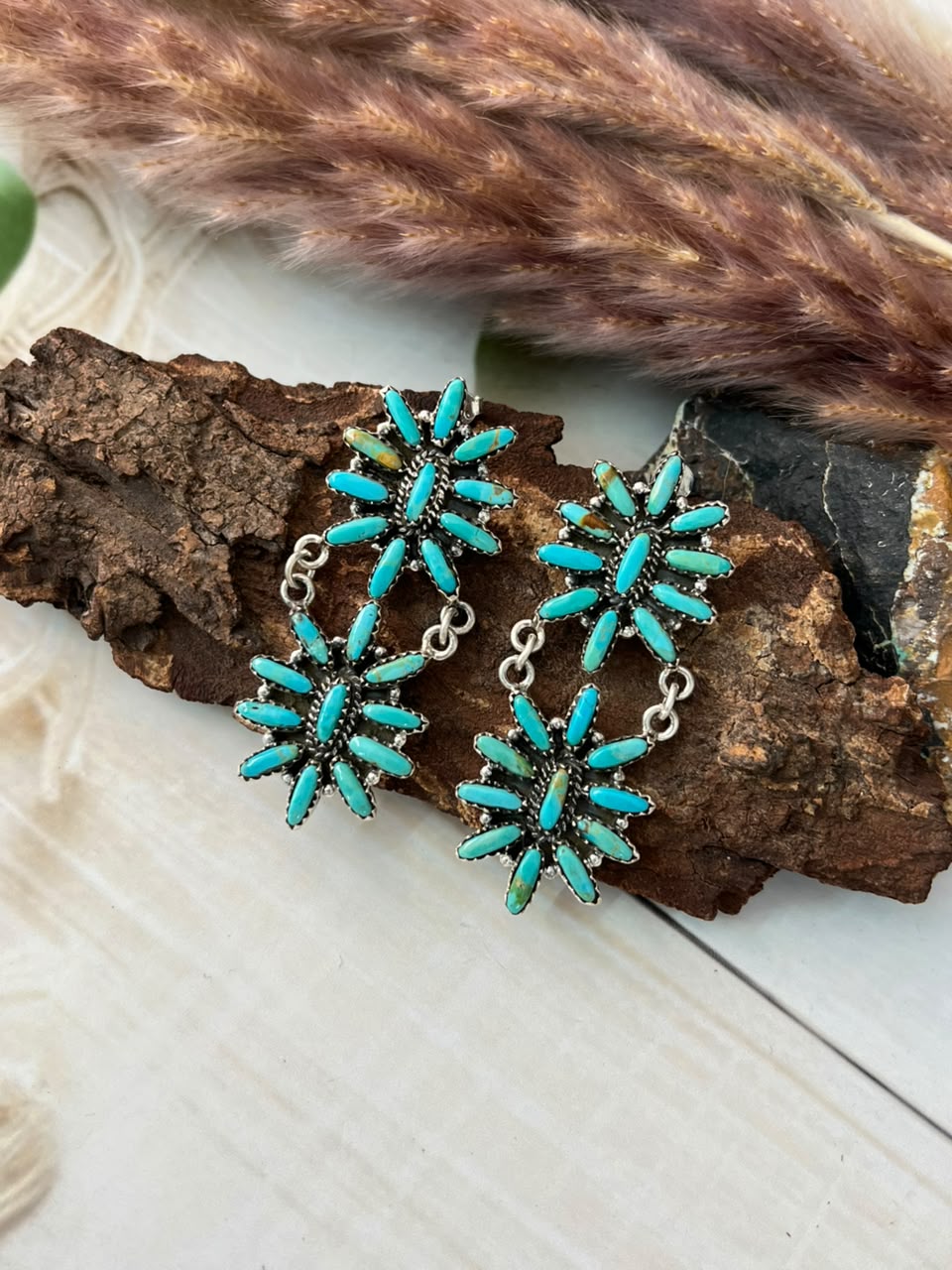 Handmade Sterling Silver Kingman Turquoise Post Dangle Earrings Signed Nizhoni
