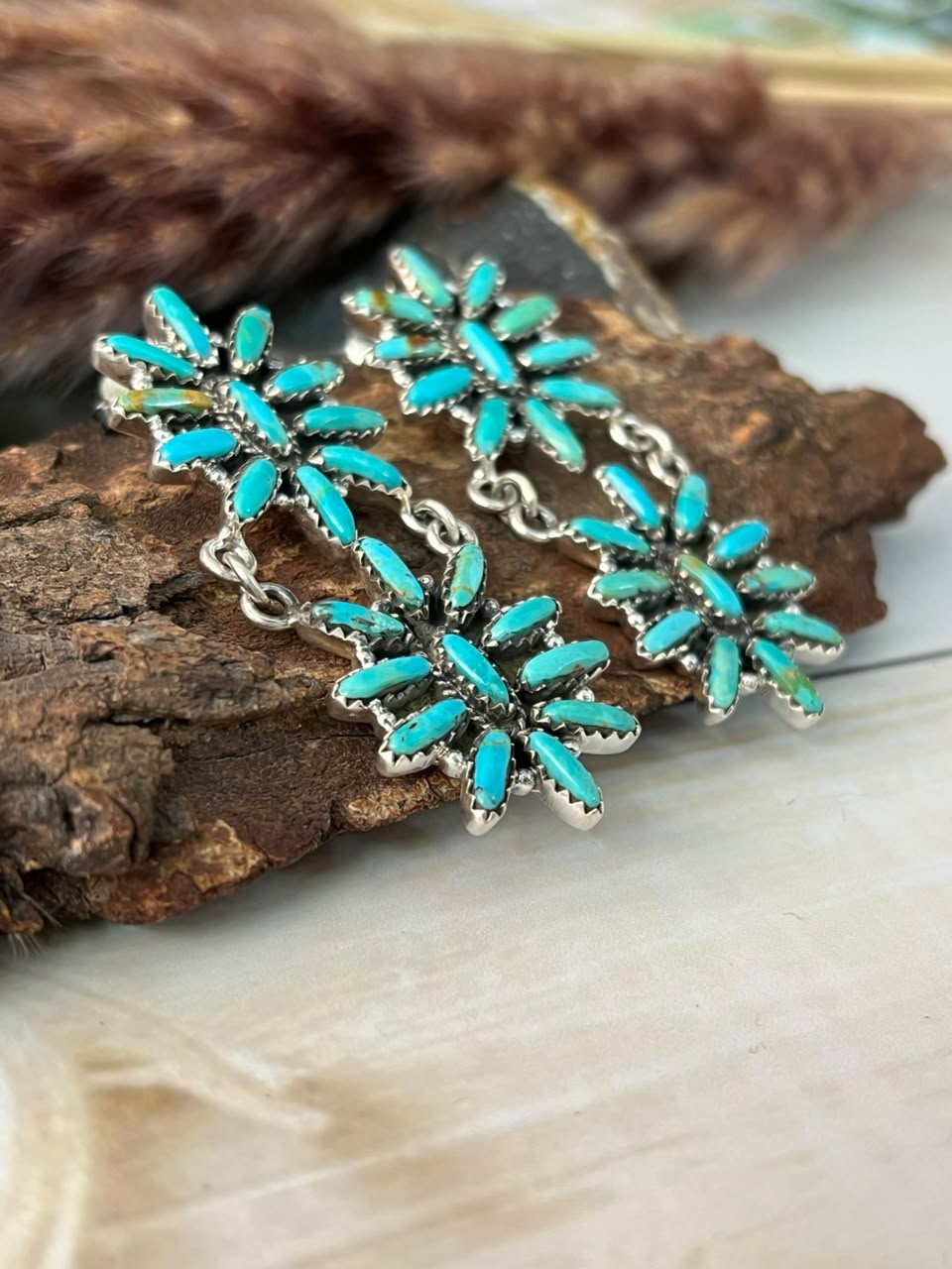 Handmade Sterling Silver Kingman Turquoise Post Dangle Earrings Signed Nizhoni