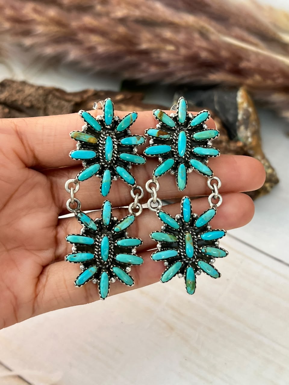 Handmade Sterling Silver Kingman Turquoise Post Dangle Earrings Signed Nizhoni