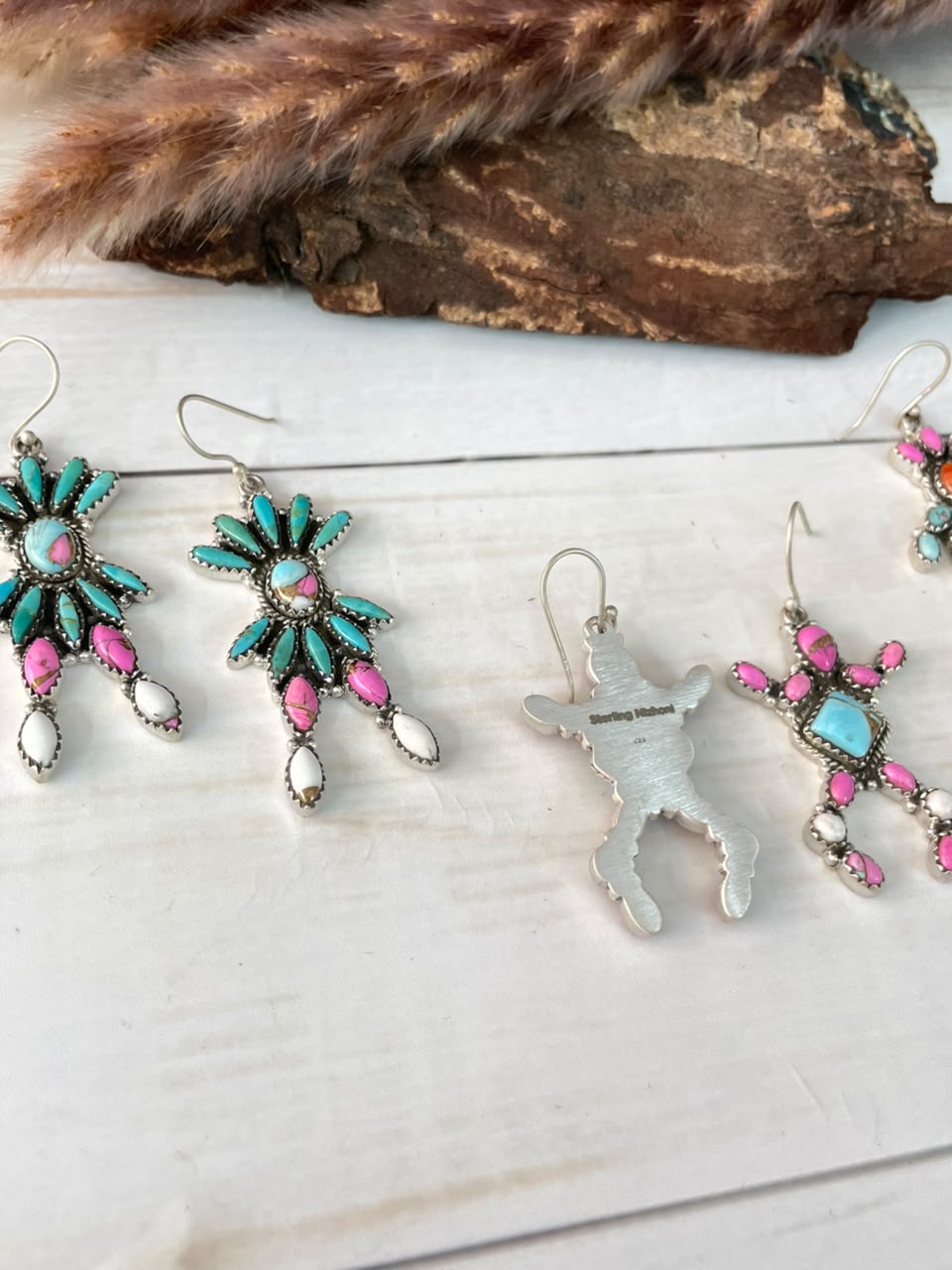 Handmade Sterling Silver Kingman Turquoise with Orange Mojave and Cotton Candy Hook Dangle Earrings Signed Nizhoni