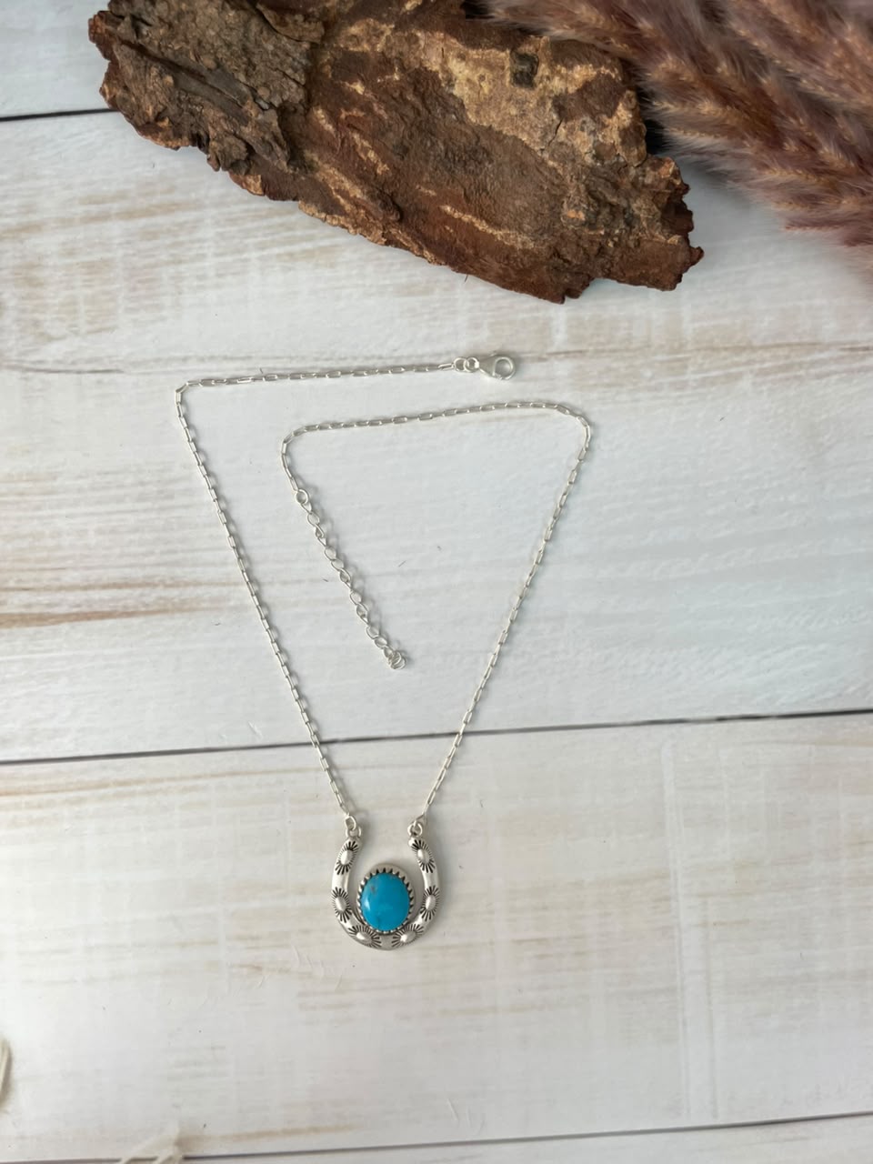 Handmade Sterling Silver Kingman Turquoise Horseshoe Necklace Signed Nizhoni