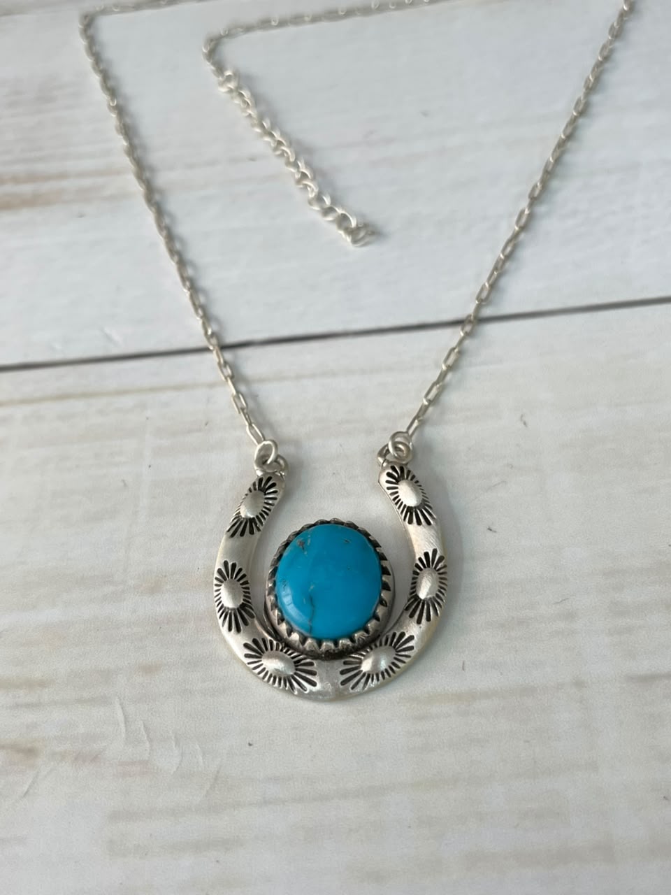 Handmade Sterling Silver Kingman Turquoise Horseshoe Necklace Signed Nizhoni
