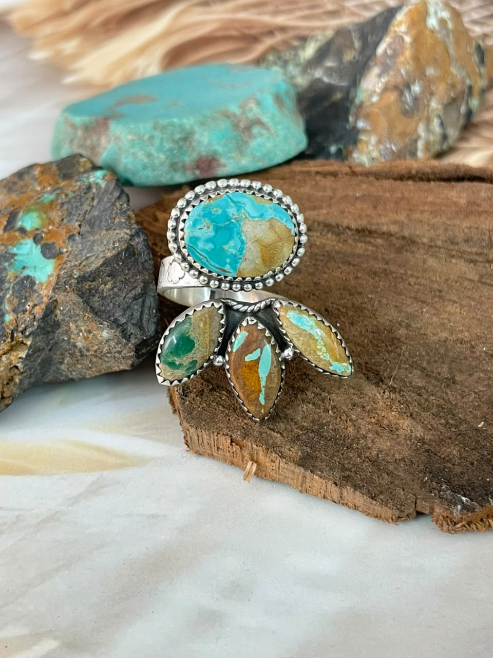 Handmade Sterling Silver Royston Ribbon Turquoise Adjustable Ring Signed Nizhoni