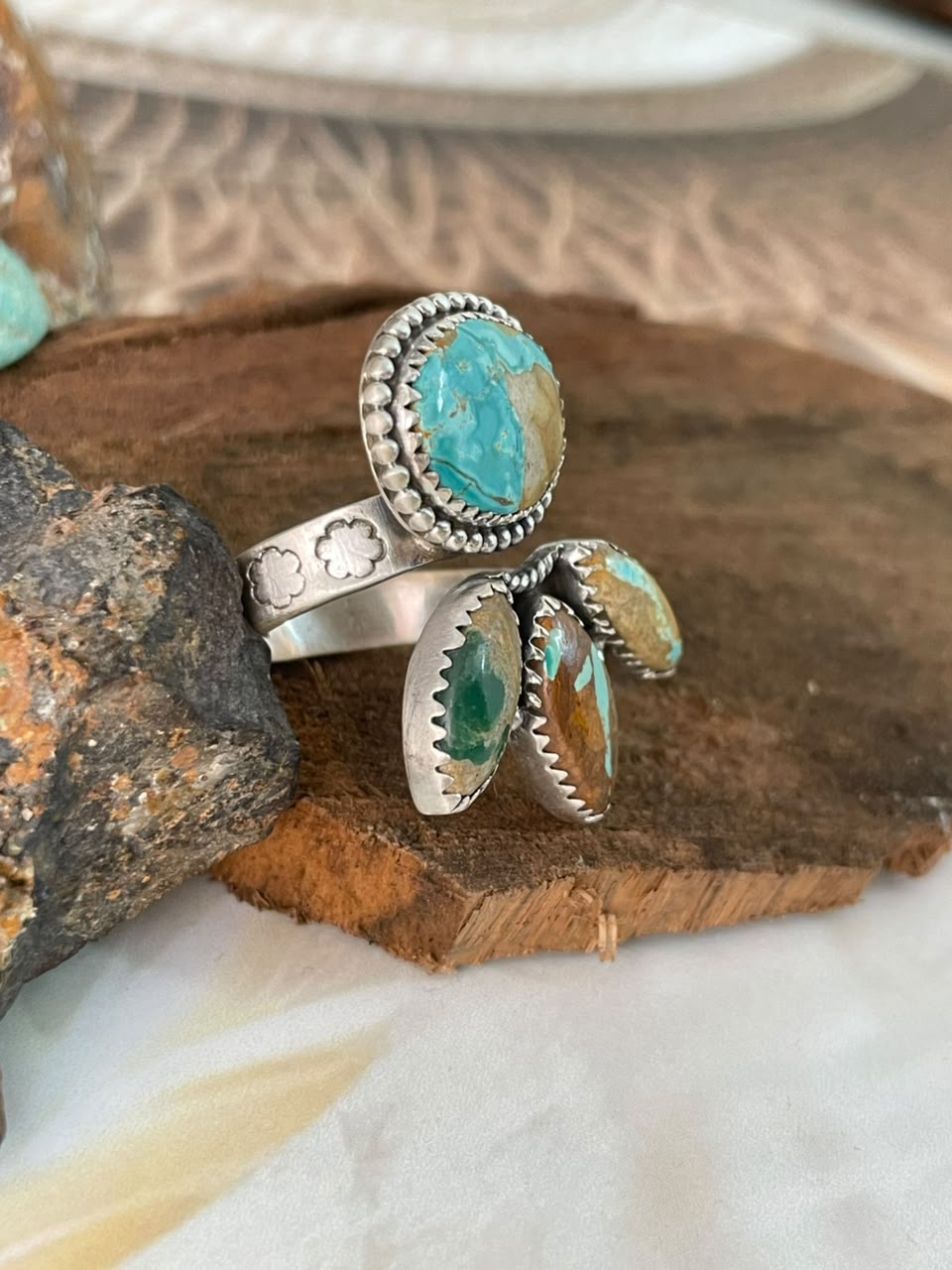 Handmade Sterling Silver Royston Ribbon Turquoise Adjustable Ring Signed Nizhoni