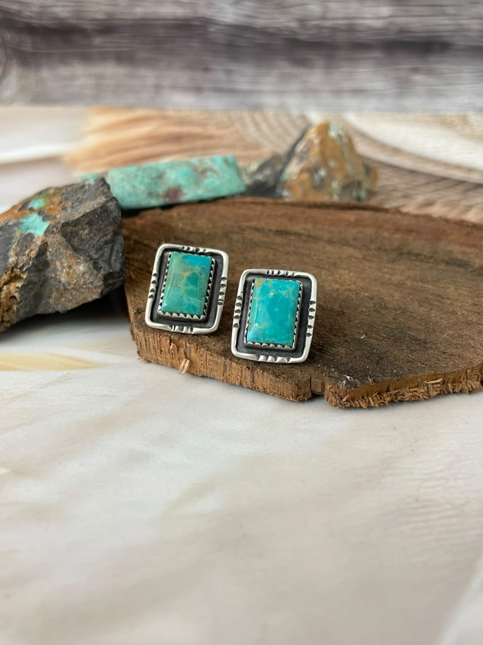 Handmade Sterling Silver Kingman Turquoise Post Studs Earrings Signed Nizhoni