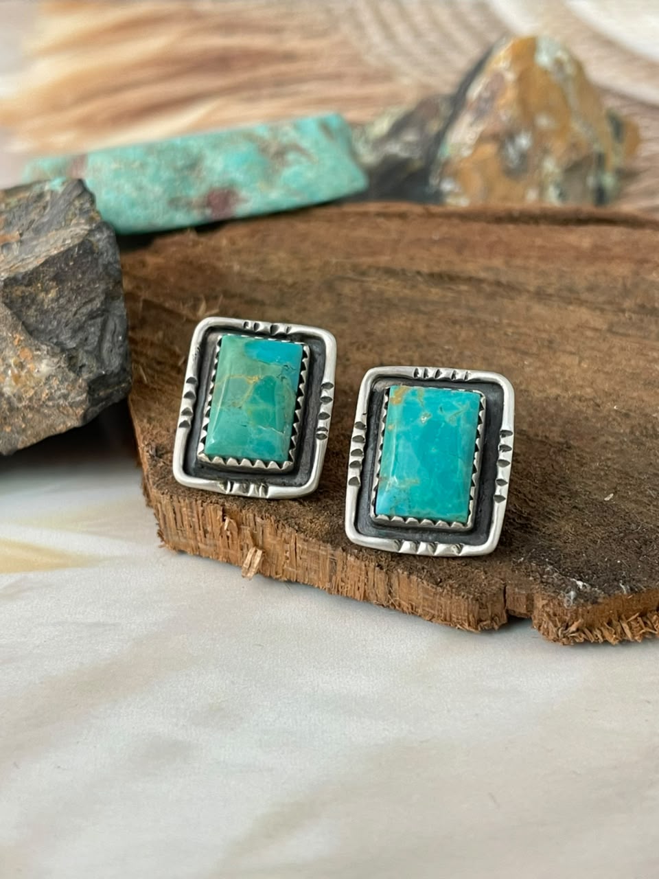 Handmade Sterling Silver Kingman Turquoise Post Studs Earrings Signed Nizhoni