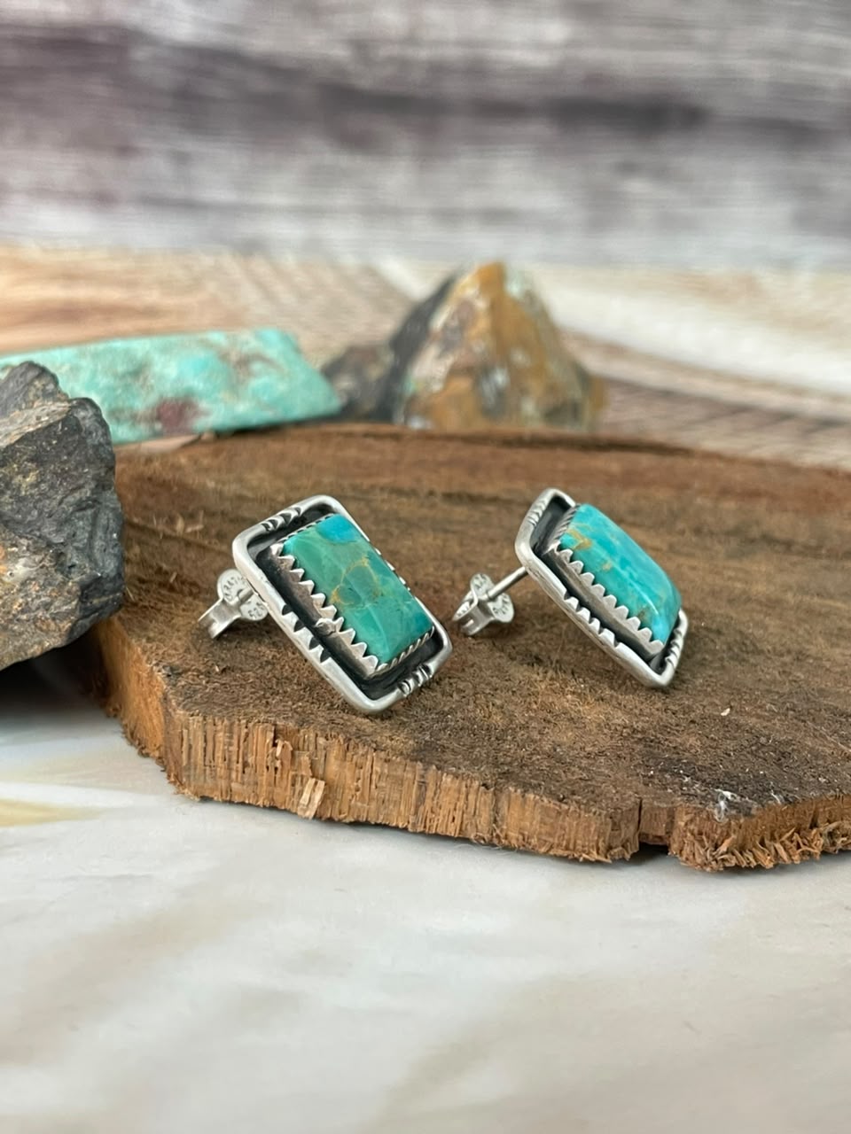 Handmade Sterling Silver Kingman Turquoise Post Studs Earrings Signed Nizhoni
