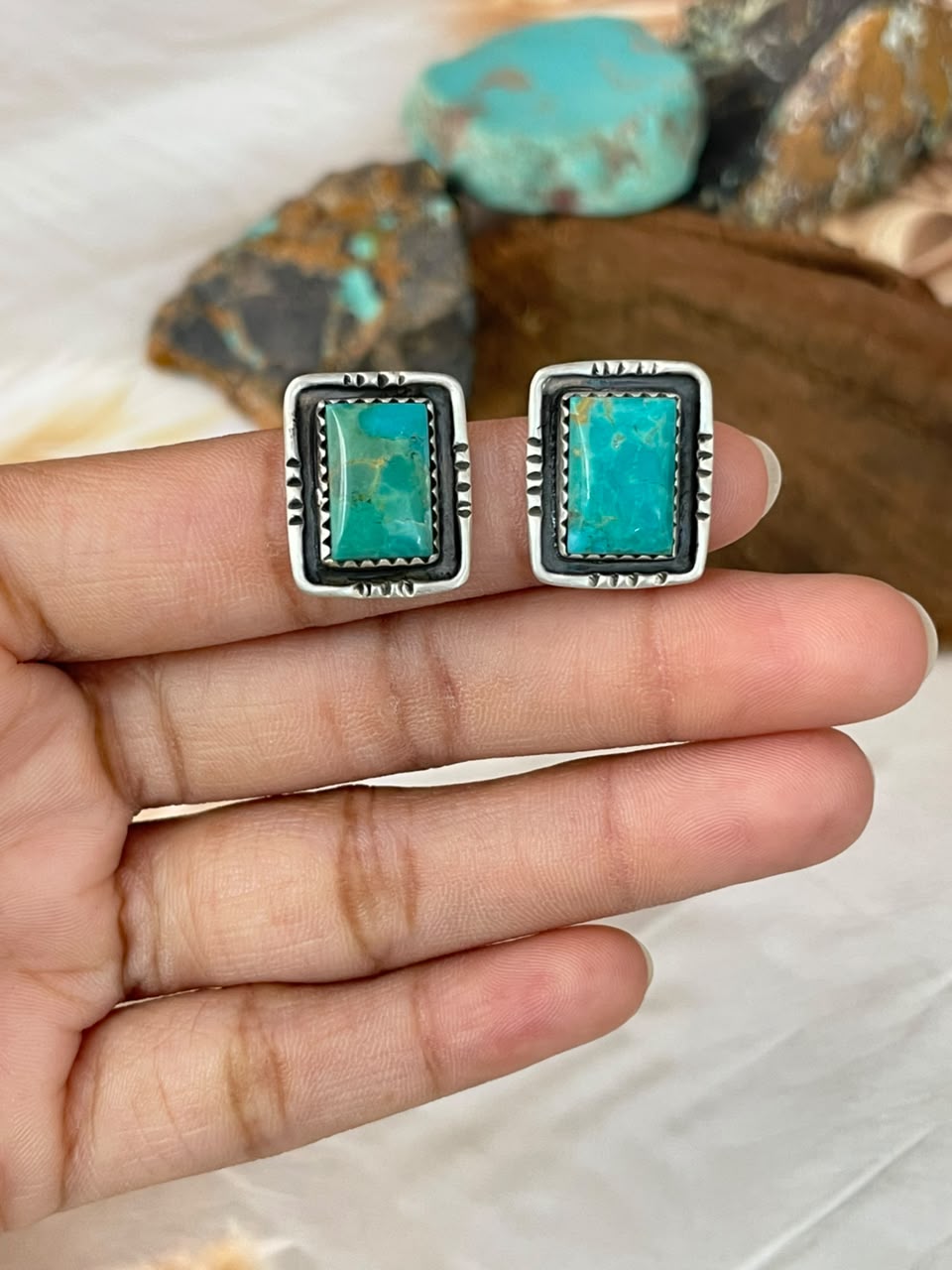 Handmade Sterling Silver Kingman Turquoise Post Studs Earrings Signed Nizhoni