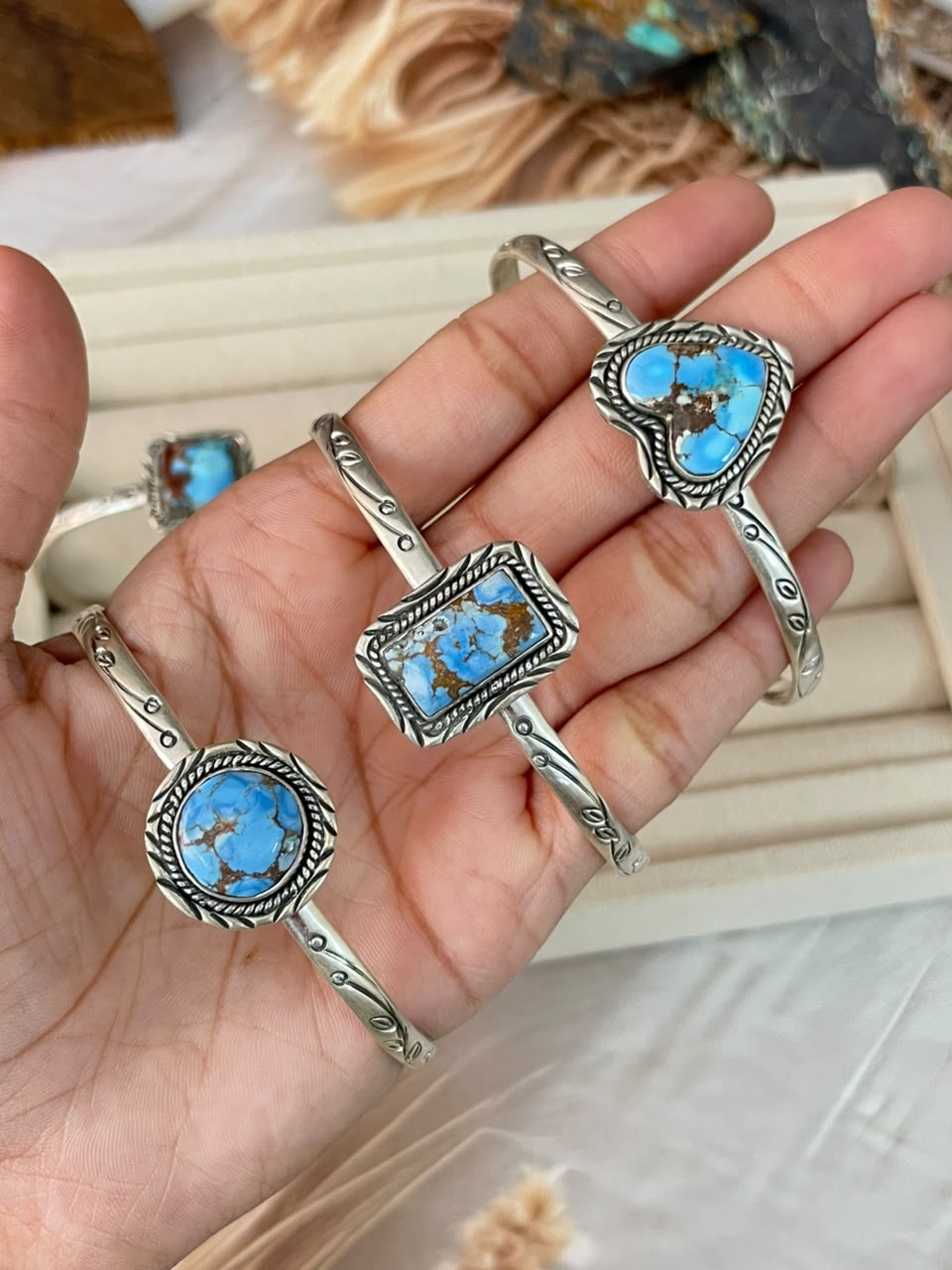 Handmade Sterling Silver Golden Hills Turquoise Cuff Bracelet Signed Nizhoni