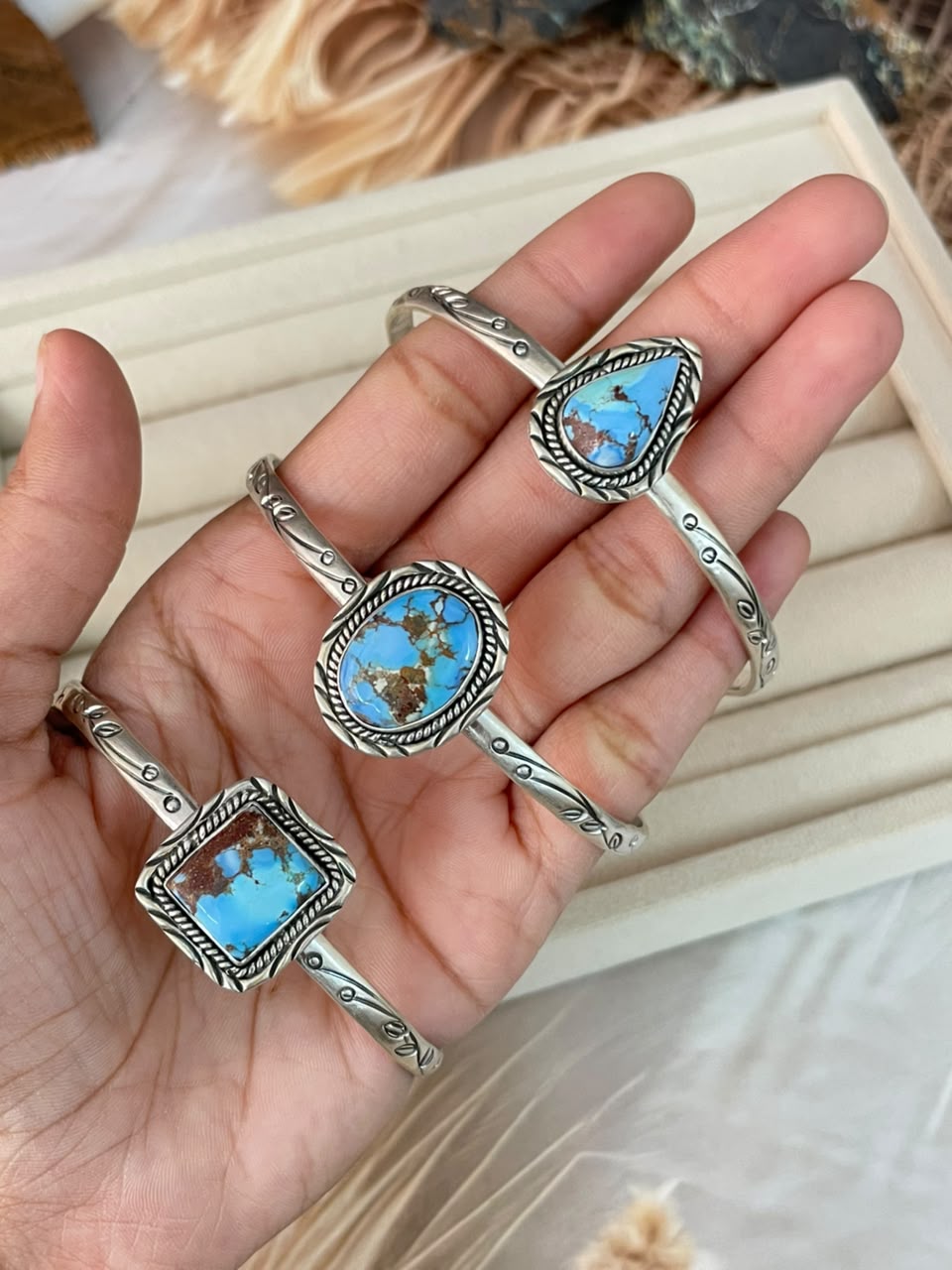 Handmade Sterling Silver Golden Hills Turquoise Cuff Bracelet Signed Nizhoni