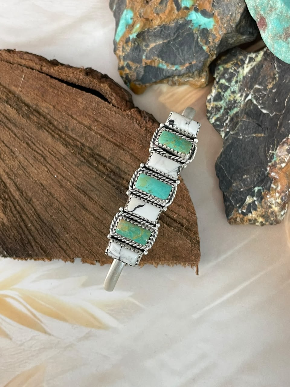 Handmade Sterling Silver Royston Turquoise with White Buffalo Cuff Bracelet Signed Nizhoni