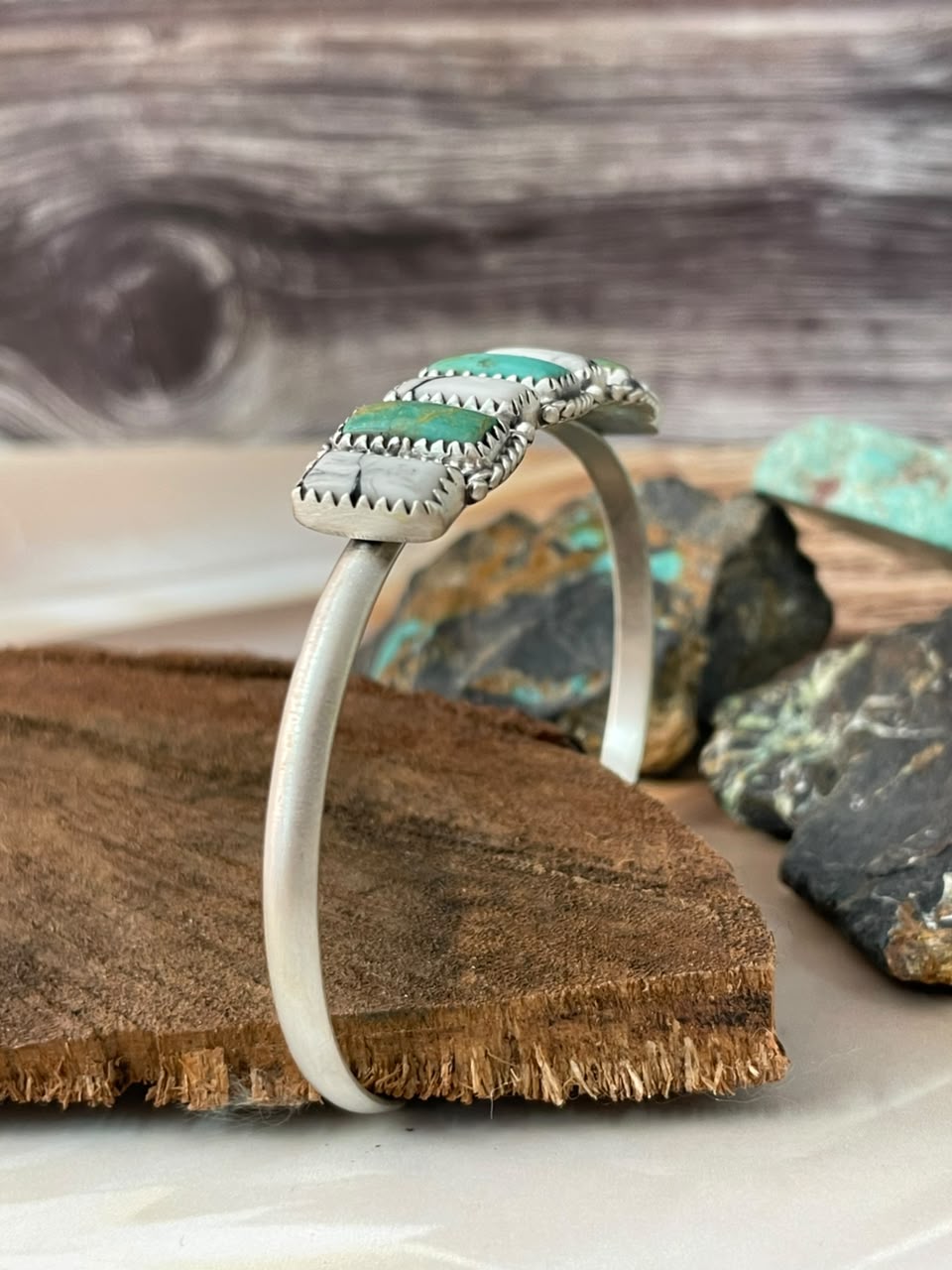 Handmade Sterling Silver Royston Turquoise with White Buffalo Cuff Bracelet Signed Nizhoni