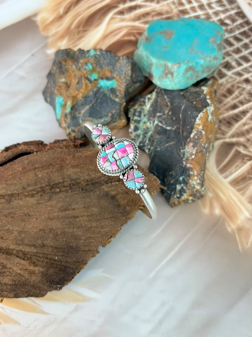 Handmade Sterling Silver Cotton Candy Cobble Stone Cuff Bracelet Signed Nizhoni