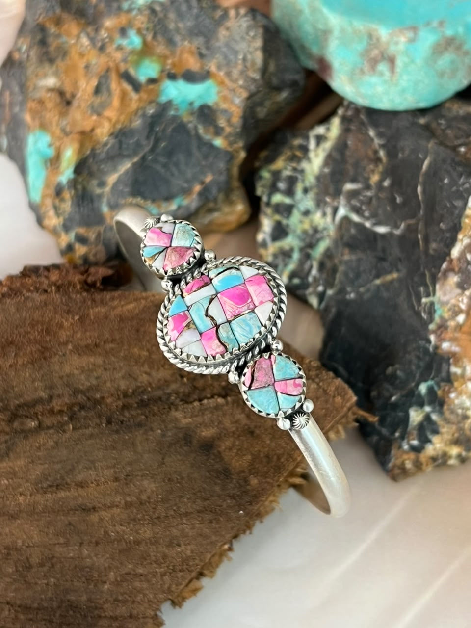 Handmade Sterling Silver Cotton Candy Cobble Stone Cuff Bracelet Signed Nizhoni