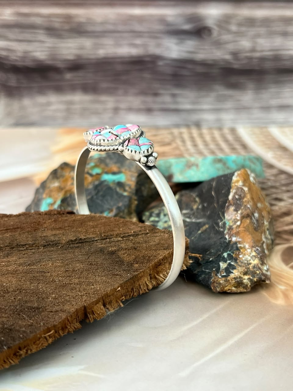 Handmade Sterling Silver Cotton Candy Cobble Stone Cuff Bracelet Signed Nizhoni