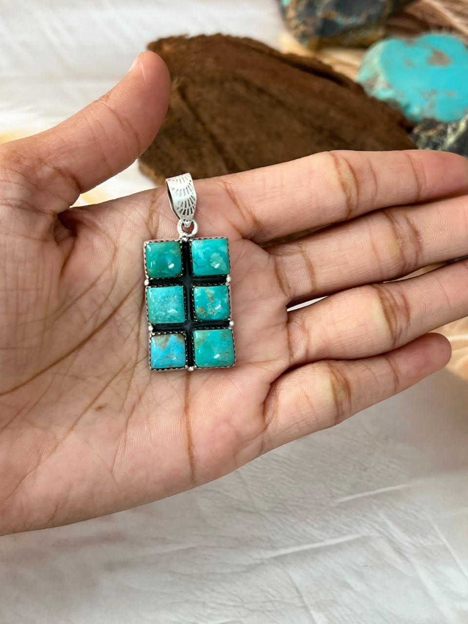 Handmade Sterling Silver Hachita Turquoise Bar Pendant Signed Nizhoni