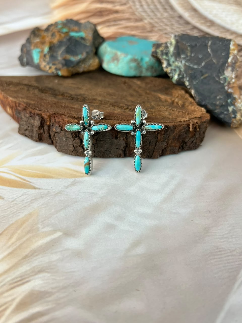 Handmade Sterling Silver Kingman Turquoise Cross Post Studs Earrings Signed Nizhoni