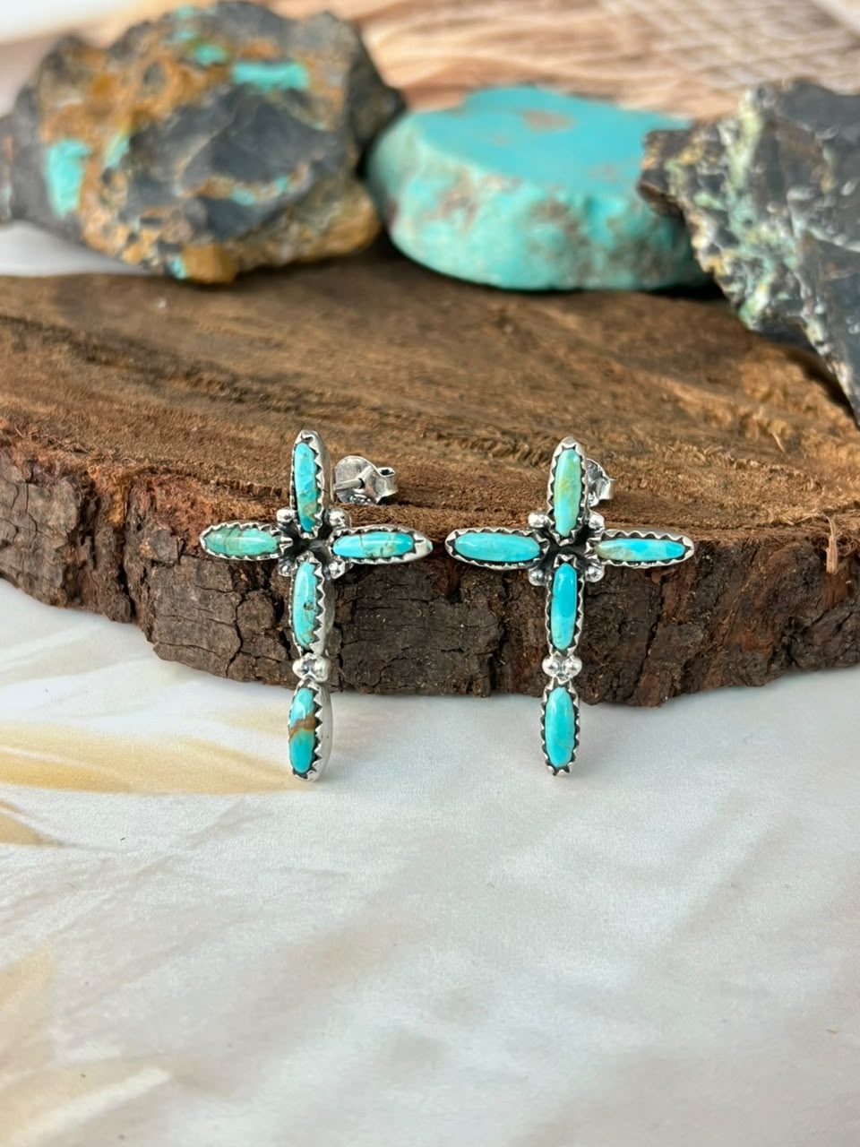 Handmade Sterling Silver Kingman Turquoise Cross Post Studs Earrings Signed Nizhoni