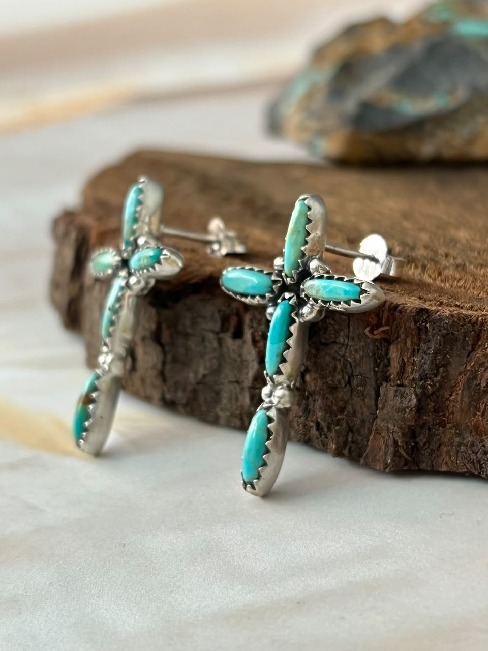 Handmade Sterling Silver Kingman Turquoise Cross Post Studs Earrings Signed Nizhoni