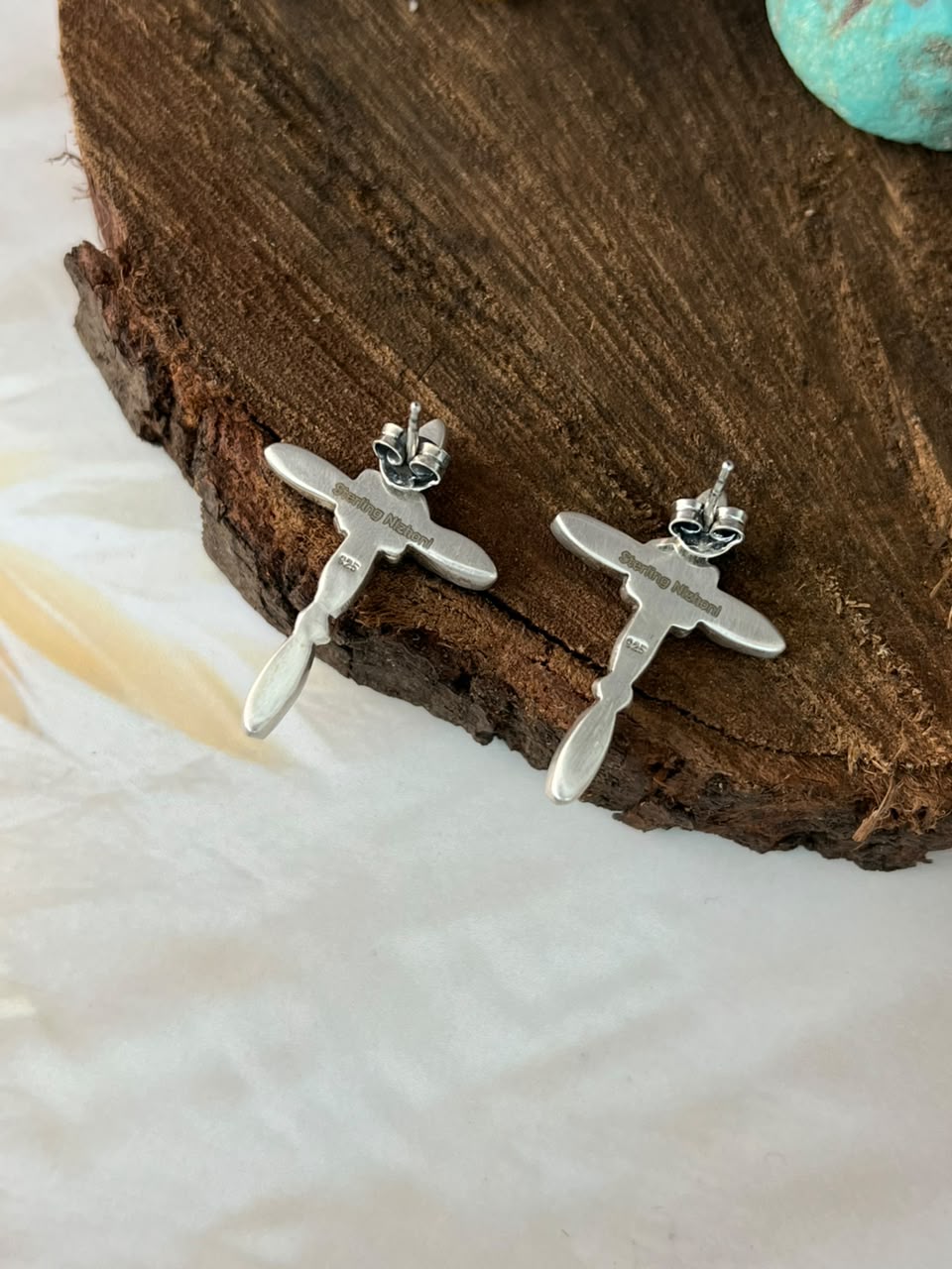 Handmade Sterling Silver Kingman Turquoise Cross Post Studs Earrings Signed Nizhoni