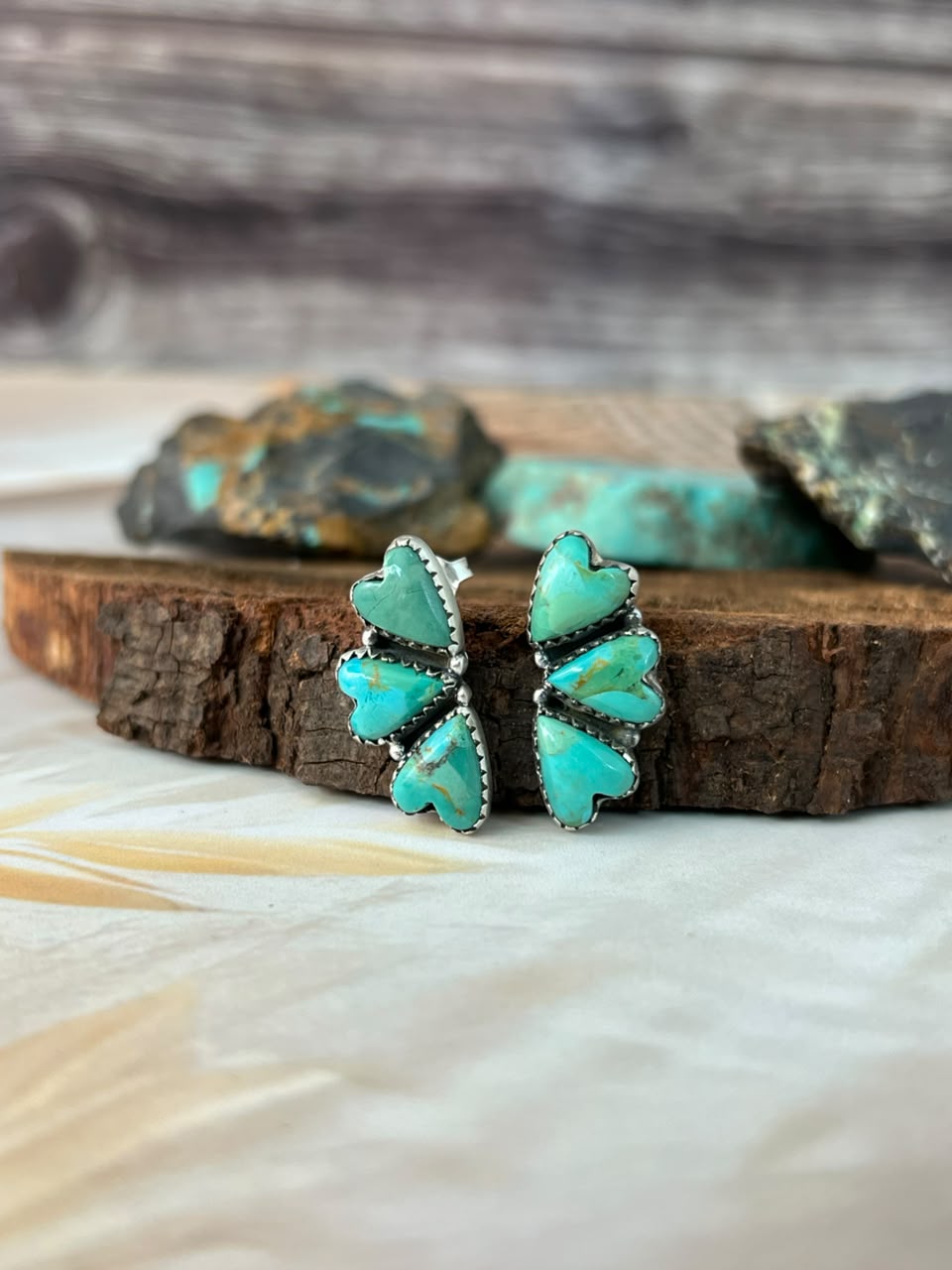 Handmade Sterling Silver Kingman Turquoise Post Heart Studs Earrings Signed Nizhoni