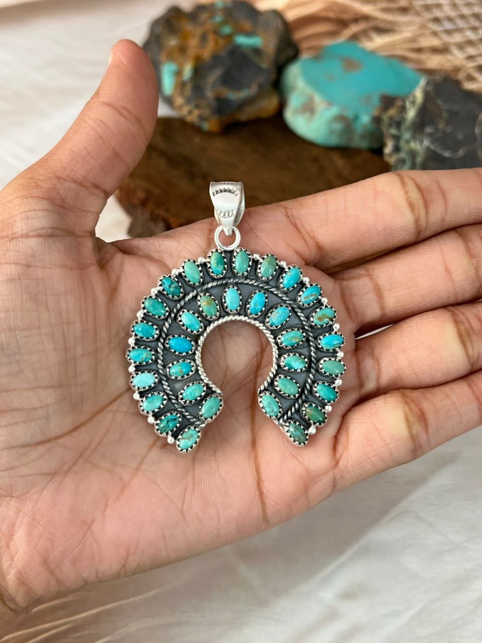 Handmade Sterling Silver Kingman Turquoise Naja Pendant Signed Nizhoni