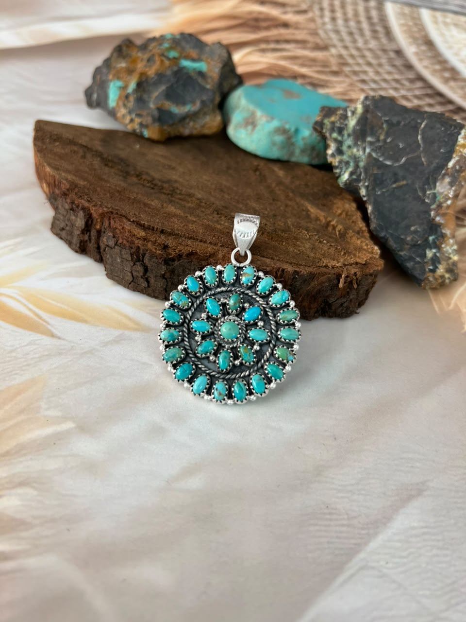 Handmade Sterling Silver Kingman Turquoise Pendant Signed Nizhoni