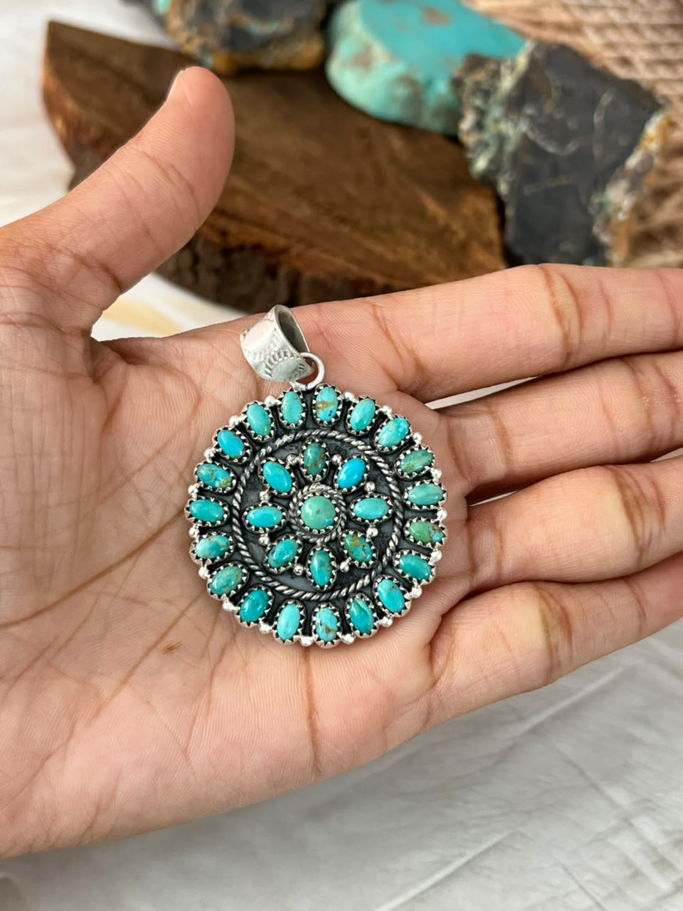 Handmade Sterling Silver Kingman Turquoise Pendant Signed Nizhoni