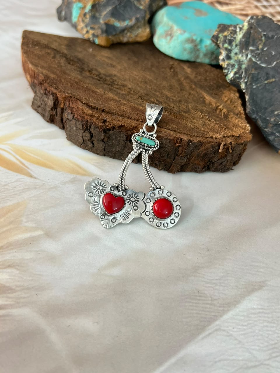 Handmade Sterling Silver Rosarita with Kingman Turquoise Cherry Pendant Signed Nizhoni