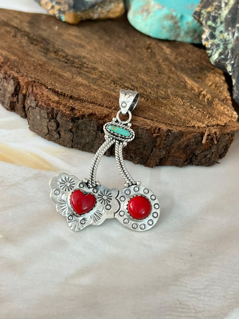 Handmade Sterling Silver Rosarita with Kingman Turquoise Cherry Pendant Signed Nizhoni