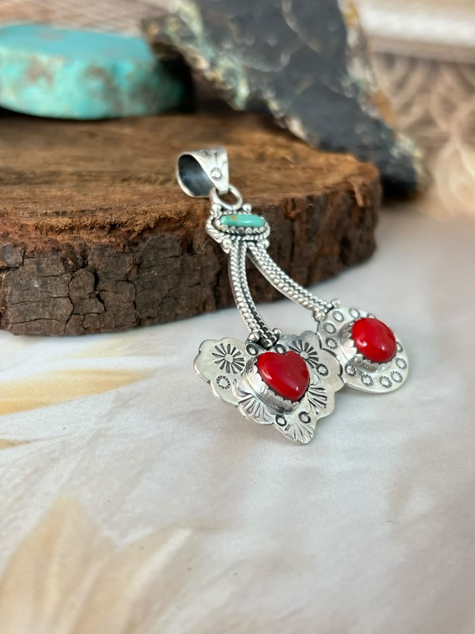 Handmade Sterling Silver Rosarita with Kingman Turquoise Cherry Pendant Signed Nizhoni