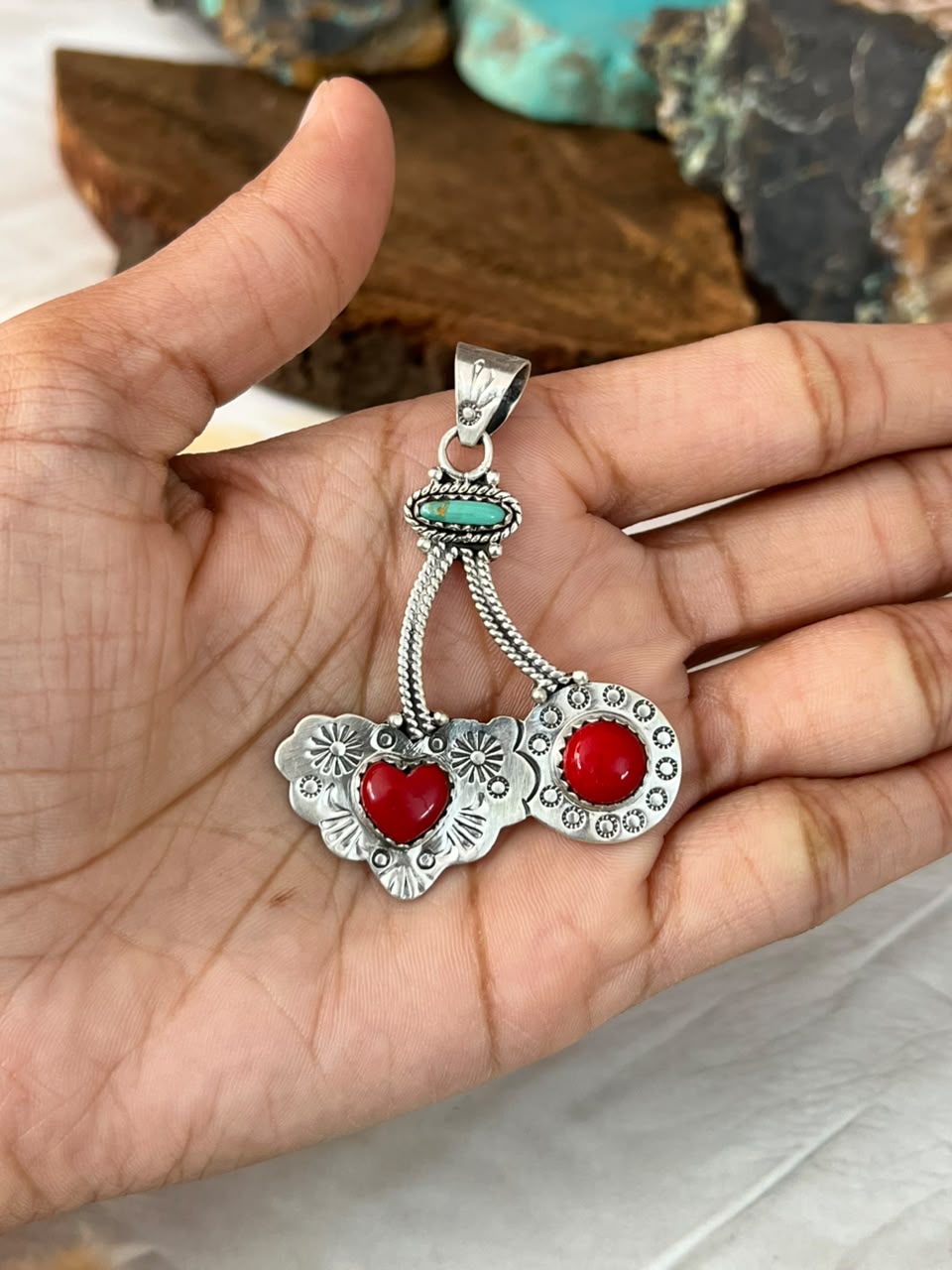 Handmade Sterling Silver Rosarita with Kingman Turquoise Cherry Pendant Signed Nizhoni
