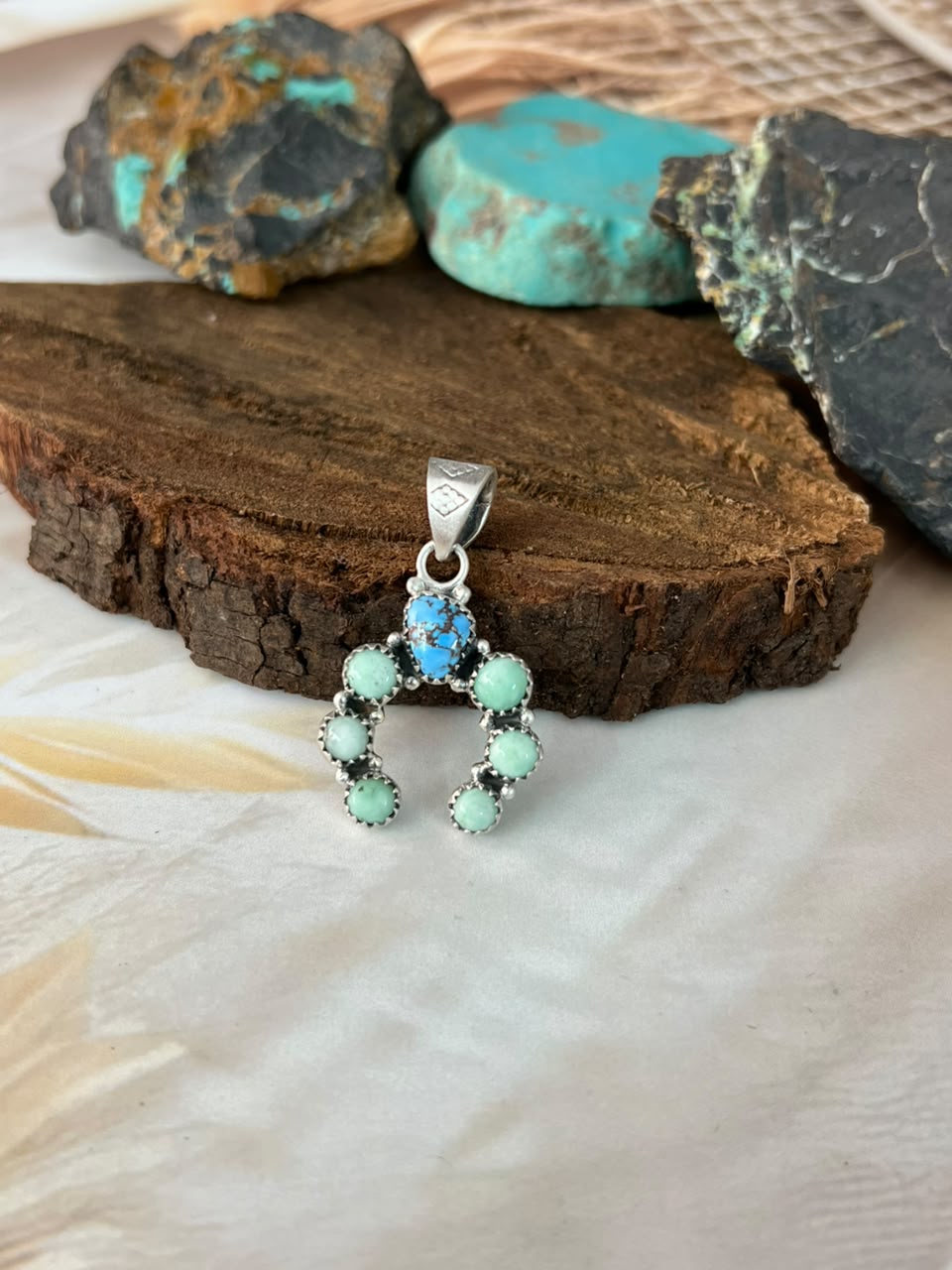 Handmade Sterling Silver Paloma and Golden Hills Turquoise Naja Pendant Signed Nizhoni