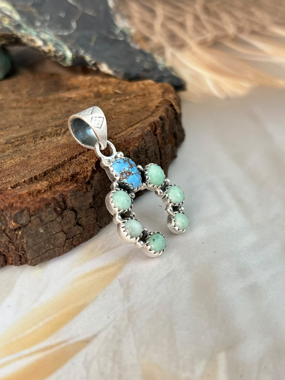 Handmade Sterling Silver Paloma and Golden Hills Turquoise Naja Pendant Signed Nizhoni