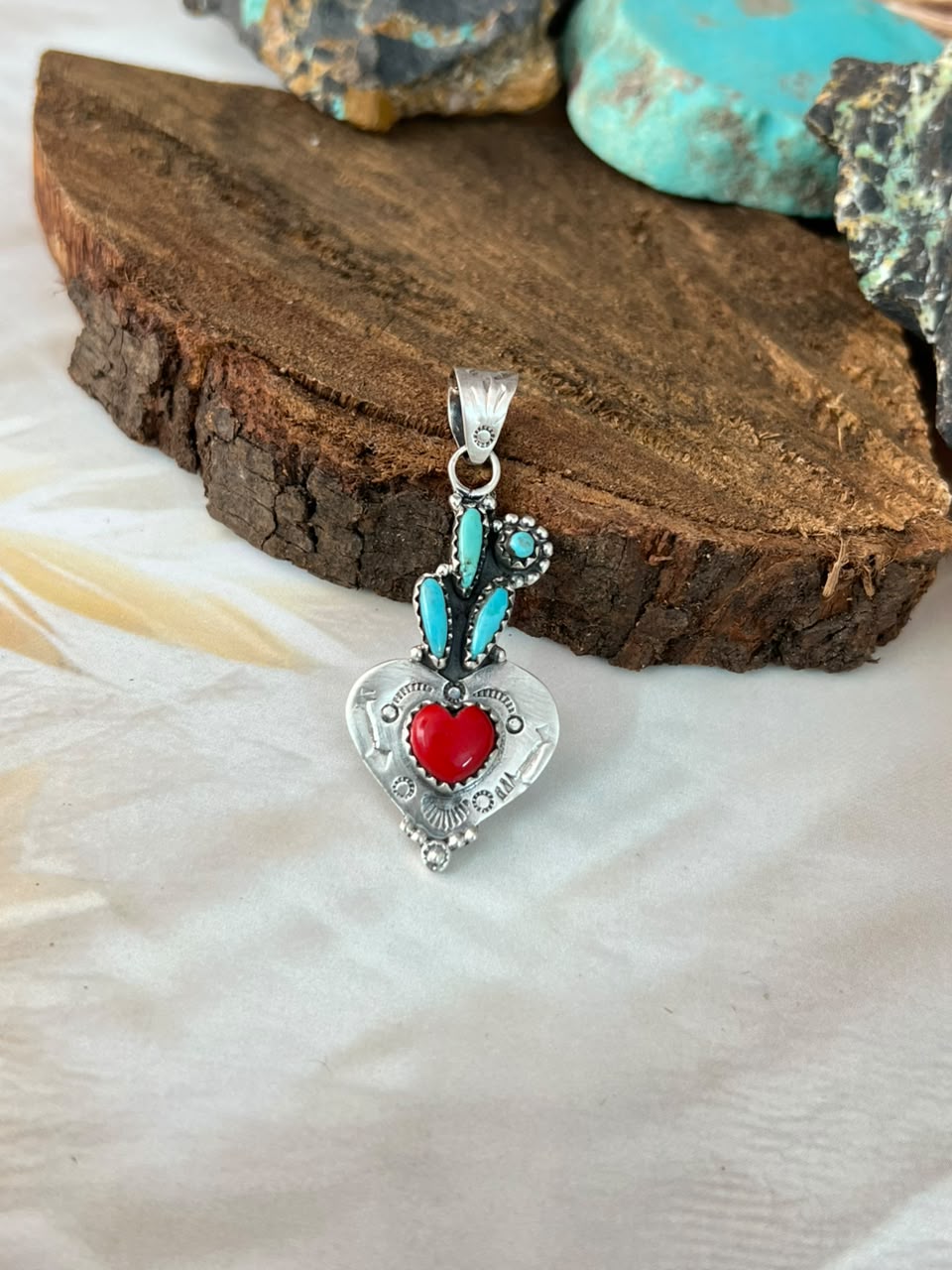 Handmade Sterling Silver Rosarita with Kingman Turquoise Cherry Heart Pendant Signed Nizhoni