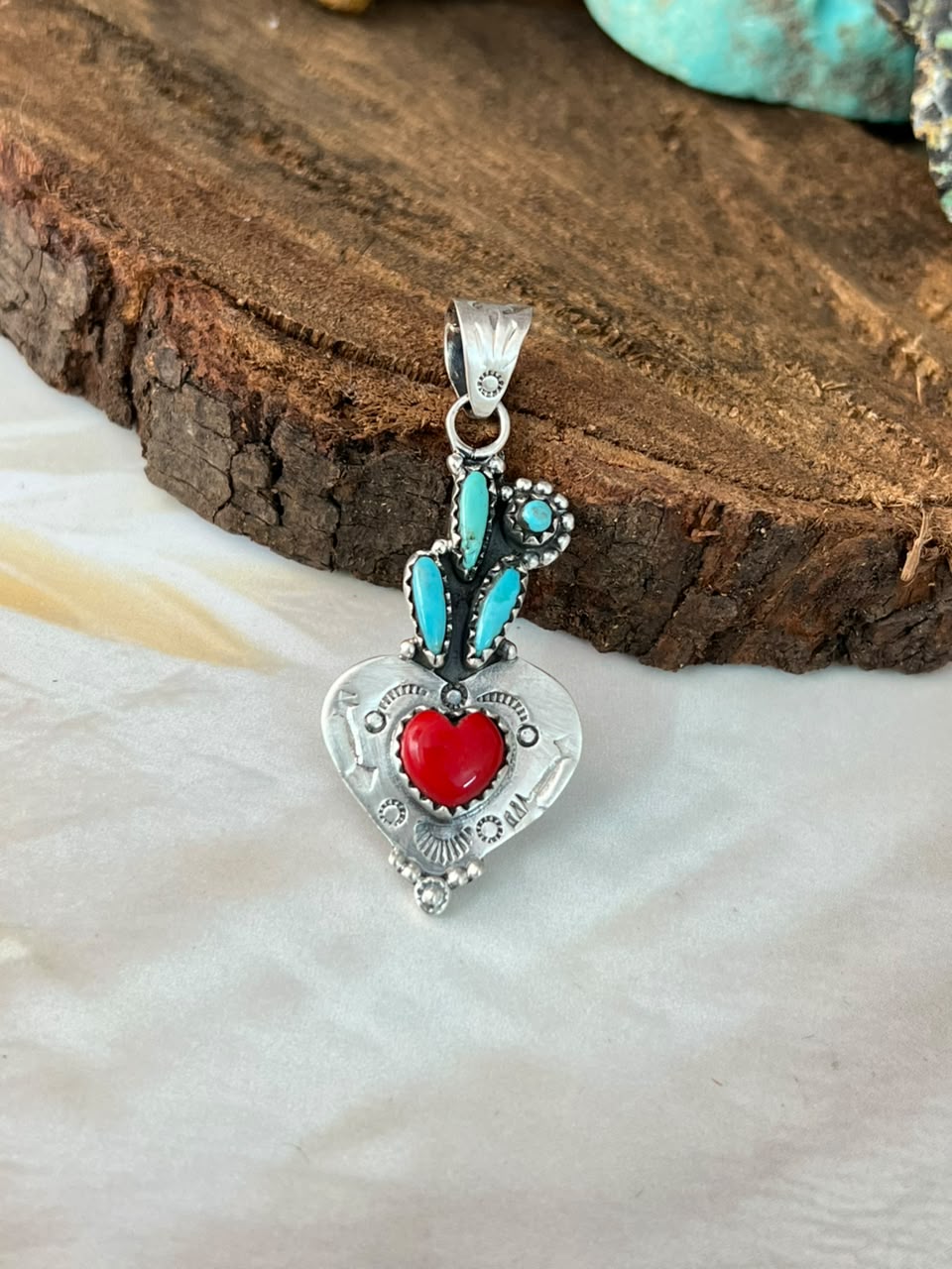 Handmade Sterling Silver Rosarita with Kingman Turquoise Cherry Heart Pendant Signed Nizhoni