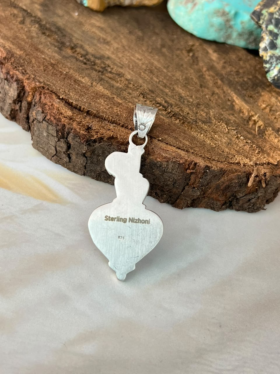 Handmade Sterling Silver Rosarita with Kingman Turquoise Cherry Heart Pendant Signed Nizhoni